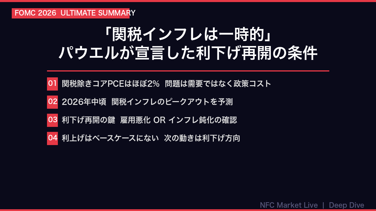 最大のサプライズ:「関税インフレは一時的」宣言と利下げ再開の条件