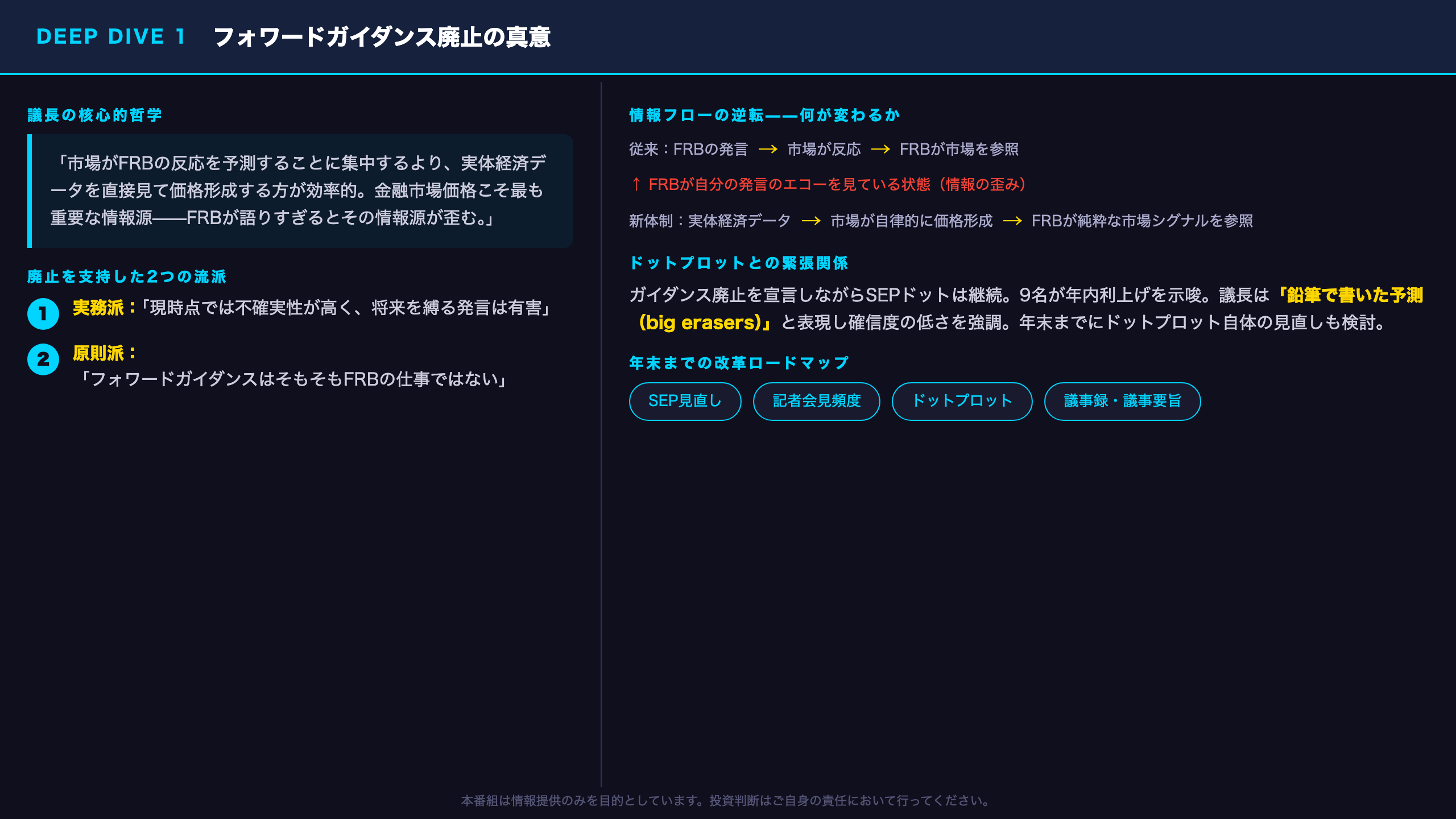 Deep Dive①：「フォワードガイダンス廃止」の真意と市場への影響