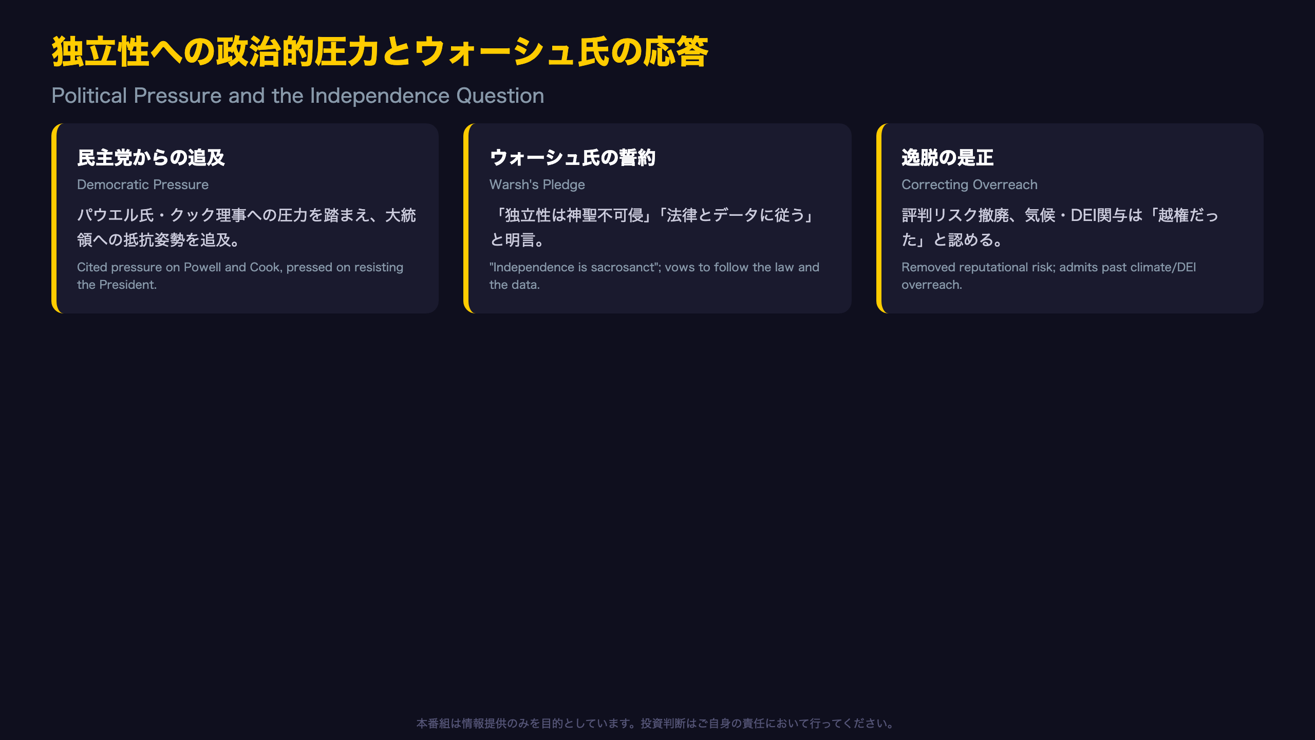 独立性への政治的圧力とウォーシュ氏の応答