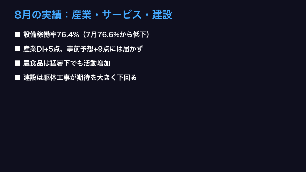 8月の実績：産業・サービス・建設