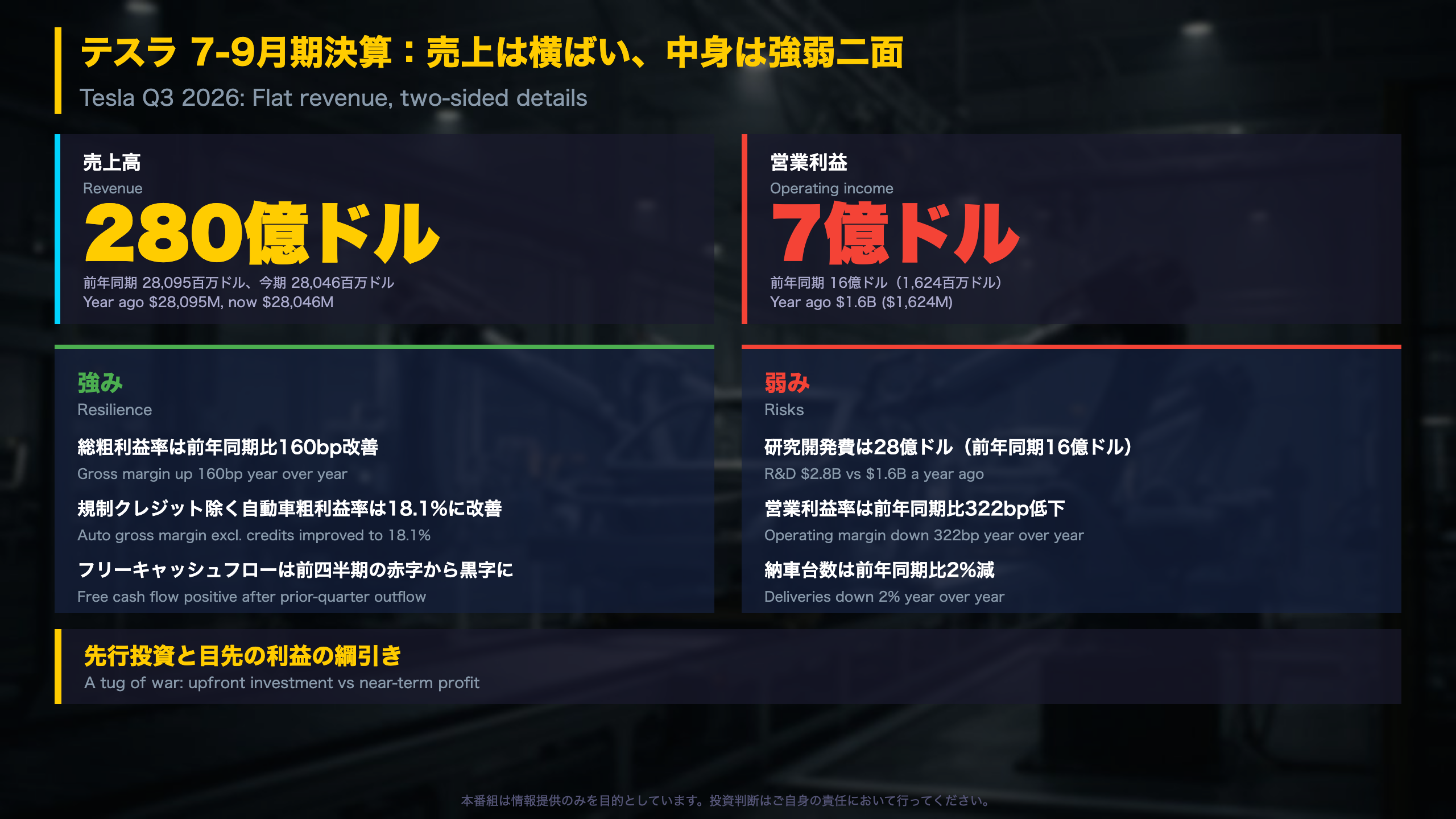 テスラ - サマリー：売上横ばい、中身は強弱二面