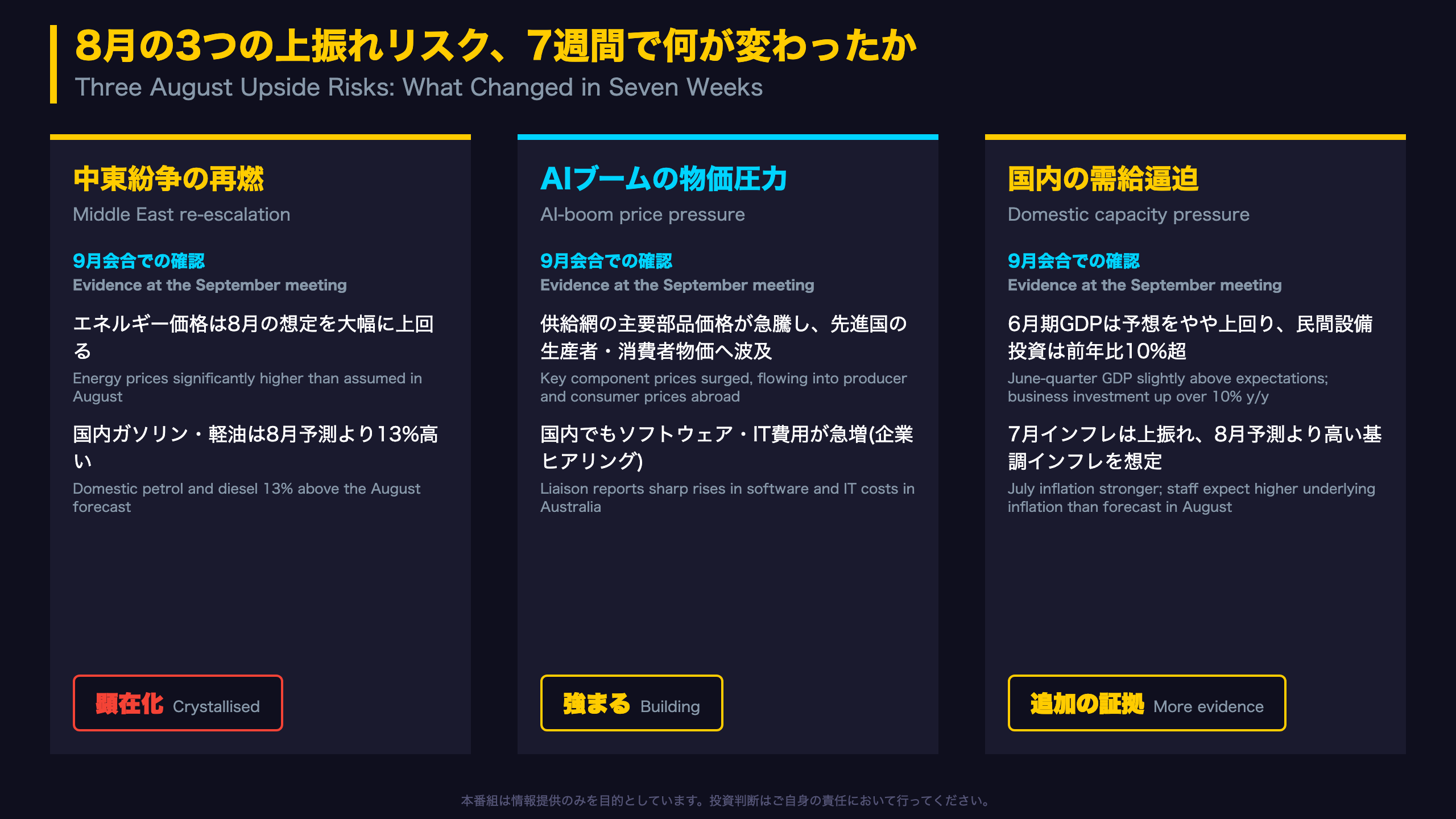 8月の3つの上振れリスク、7週間で何が変わったか