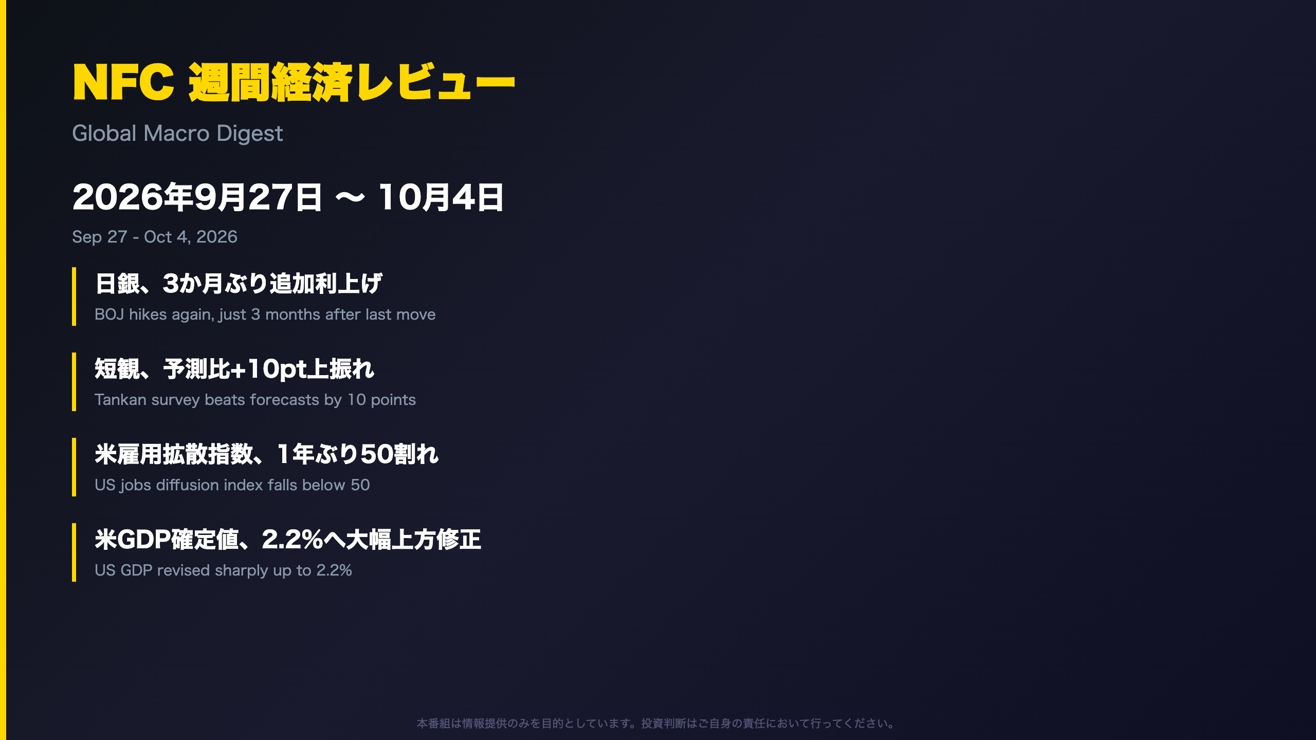 日銀 - NFC 週間経済レビュー / Global Macro Digest