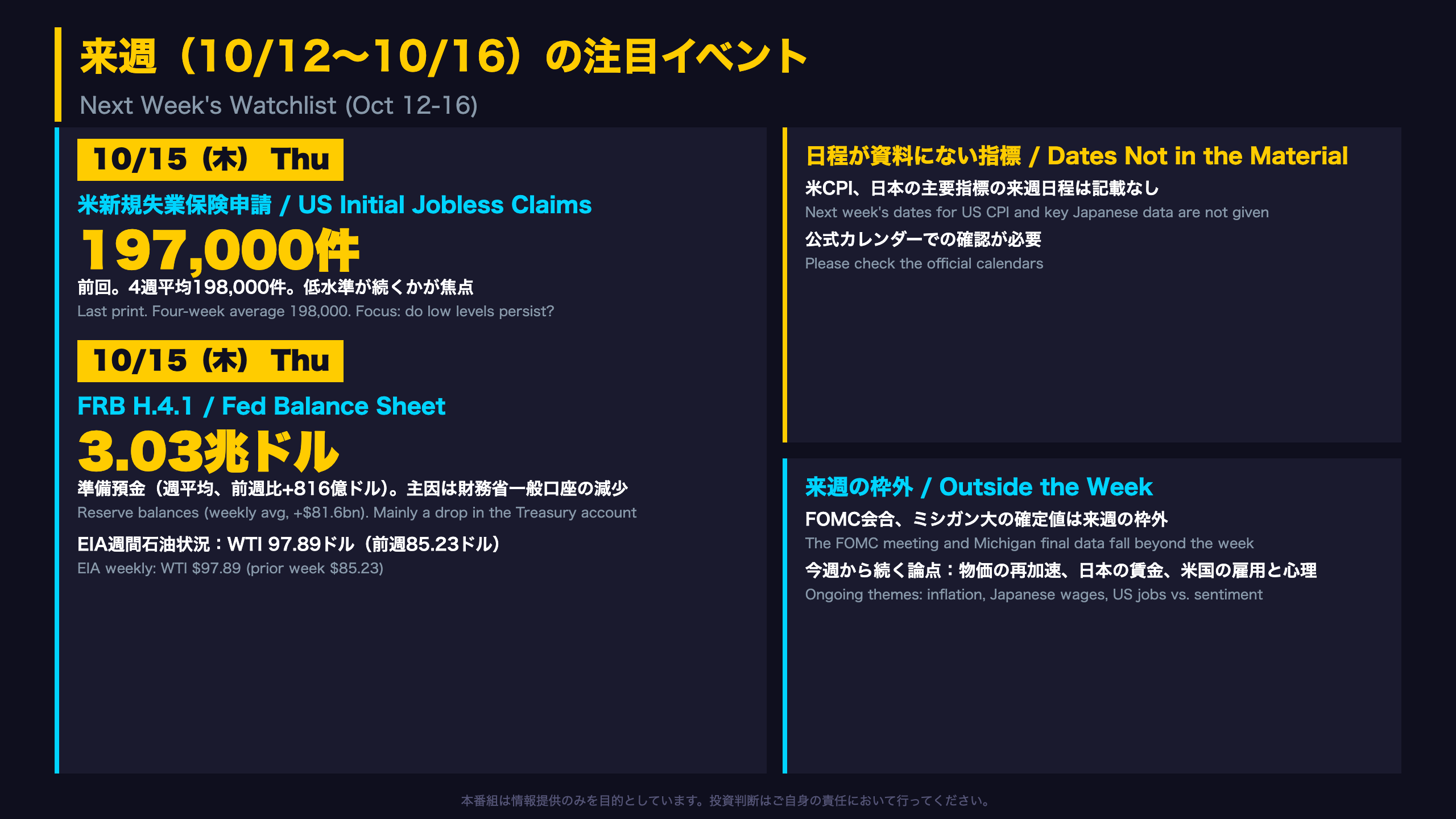 来週（10/12〜10/16）の注目イベント